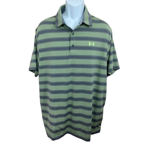 Men's Under Armour Loose Heatgear Polo Shirt Sz XL Green Gray Striped Athletic - Picture 1 of 6